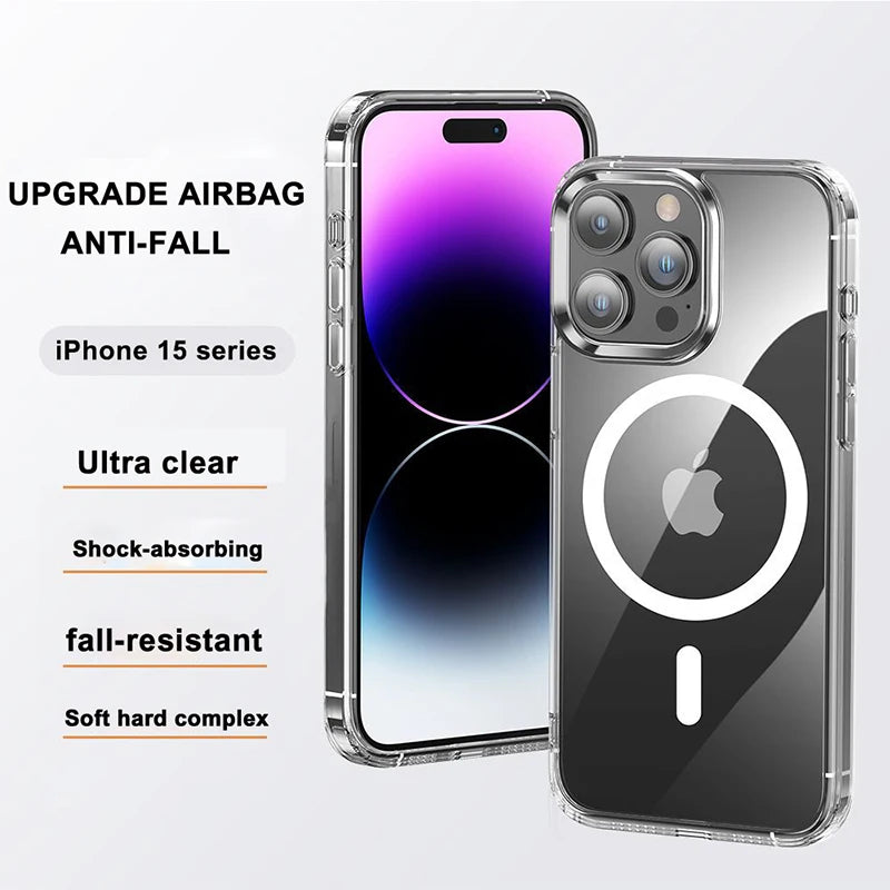 Étui magnétique transparent compatible MagSafe pour iPhone – Coque de protection et charge sans fil