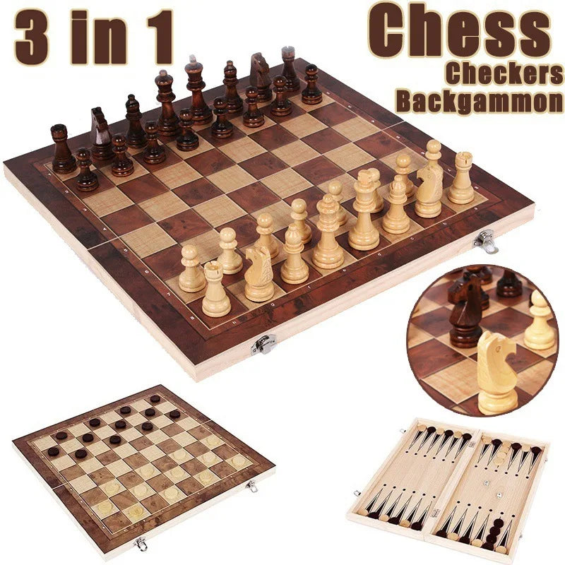 New Arrival 3 in 1 Wooden International Chess Set Foldable Chessboard Brain Training Toy Premium Pieces 