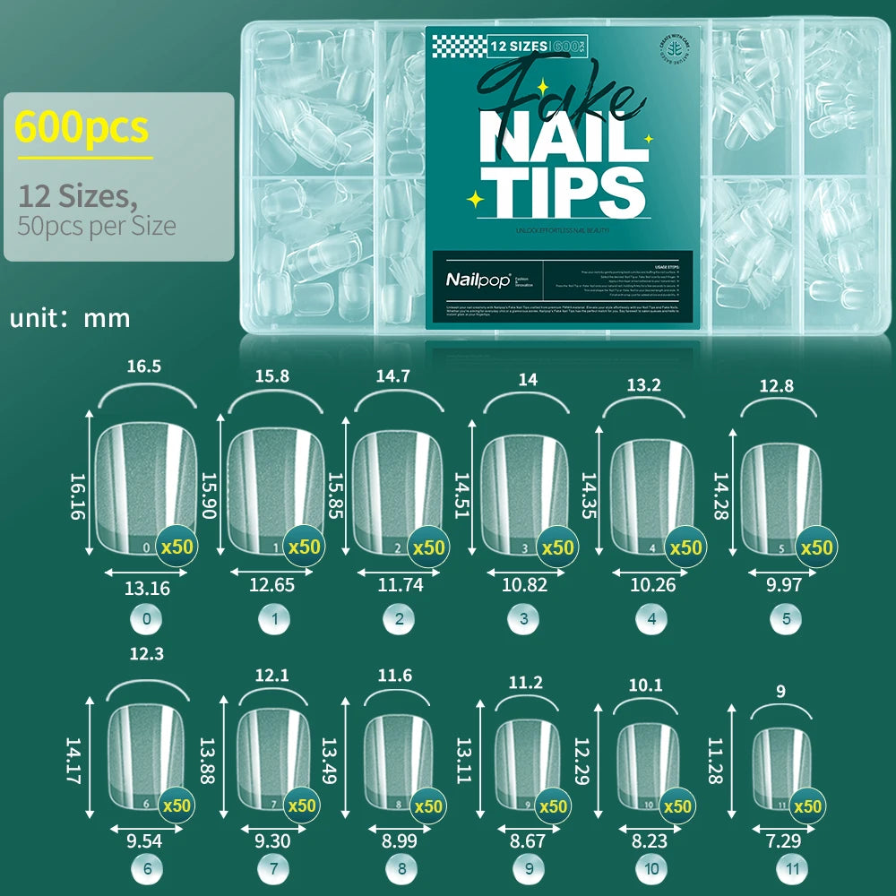 Faux ongles courts demi-couverture, extra court, carré, transparent, Gel, pré-forme avec poignées, 600 pièces