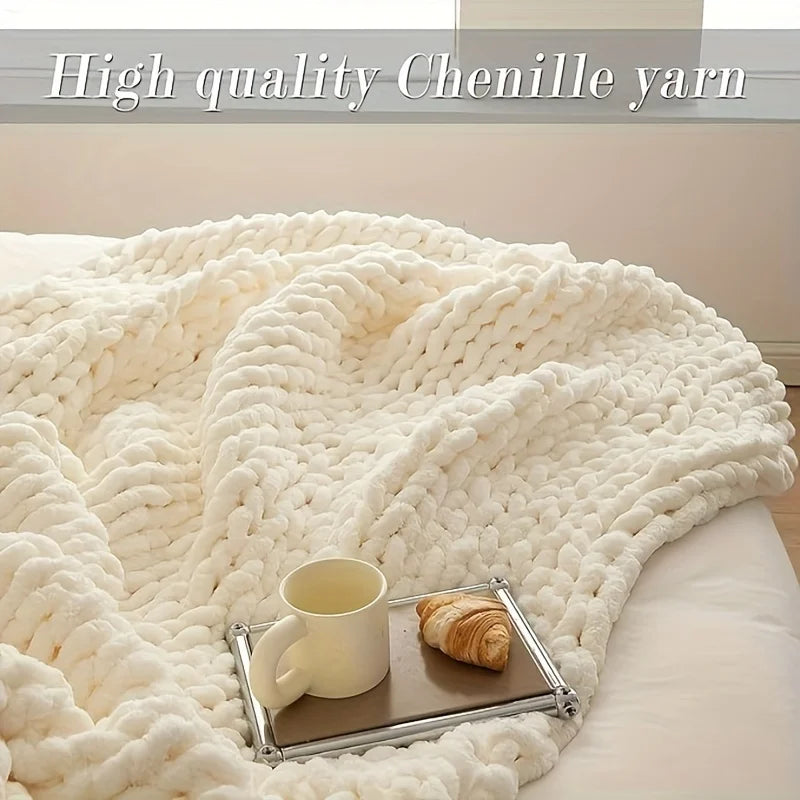 Cozy Chunky Knit Blanket, Soft Hand Knit, Chenille Throw Blanket, Knot Blanket