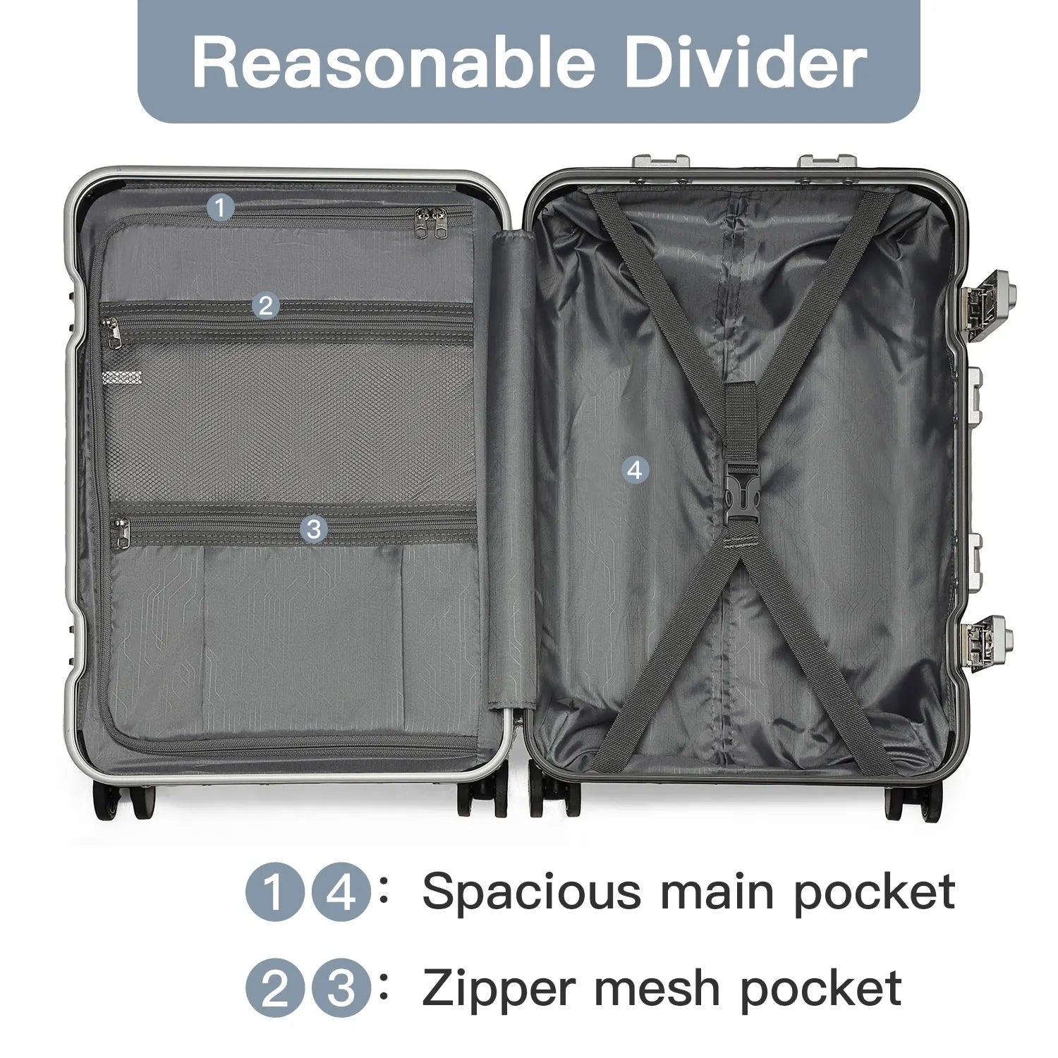 Valise rigide KONO – Bagage à main PC avec cadre aluminium, 4 rouleaux et serrure TSA