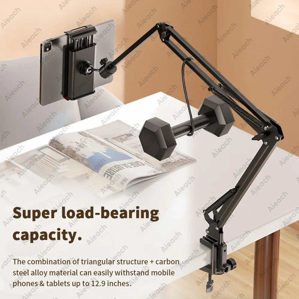 360° Rotating Tablet Stand with 90cm Metal Arm for 4.7-12.9 inch iPad and Phone 