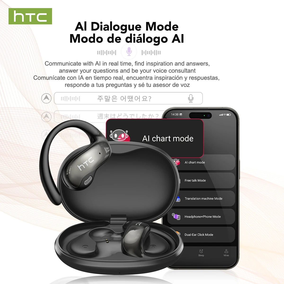 Écouteurs Bluetooth HTC NE19 AI OWS Casque de sport sans fil avec micro Basses puissantes Traducteur AI Écouteurs étanches Longue durée