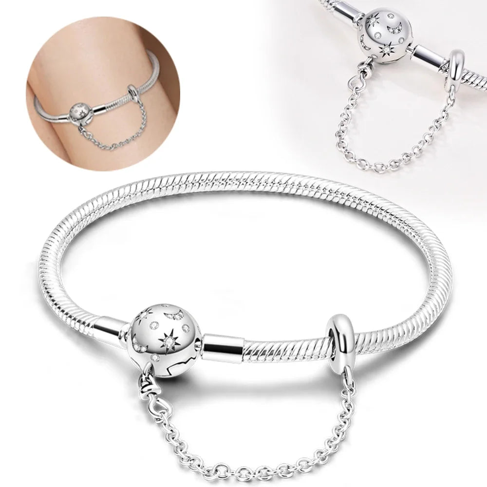 Women's Silver Bracelet Stars Moon Sun DIY Charms Beads Fine Jewelry Gift Original 17-20cm