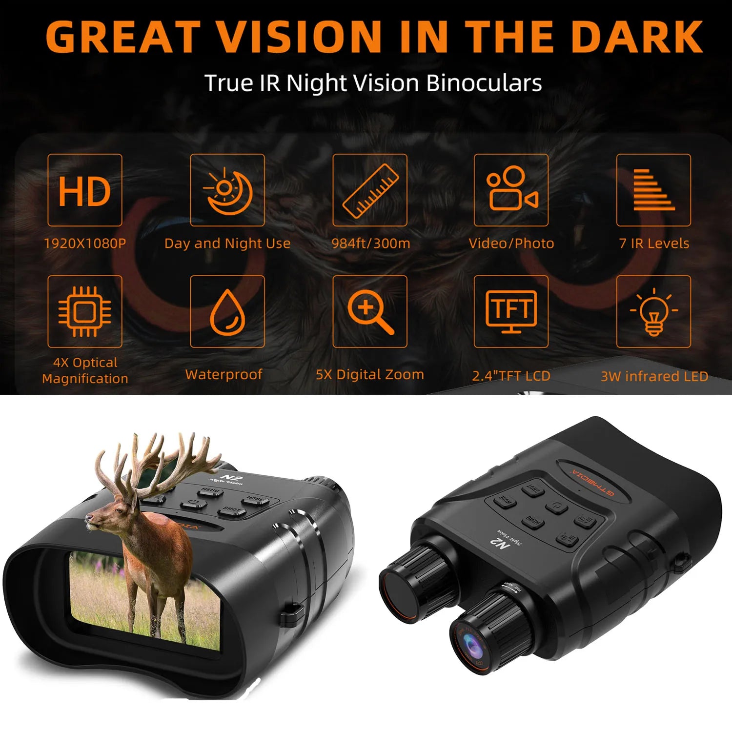 Jumelles de vision nocturne HD 300 m – Infrarouge 5X, pour chasse, camping et observation