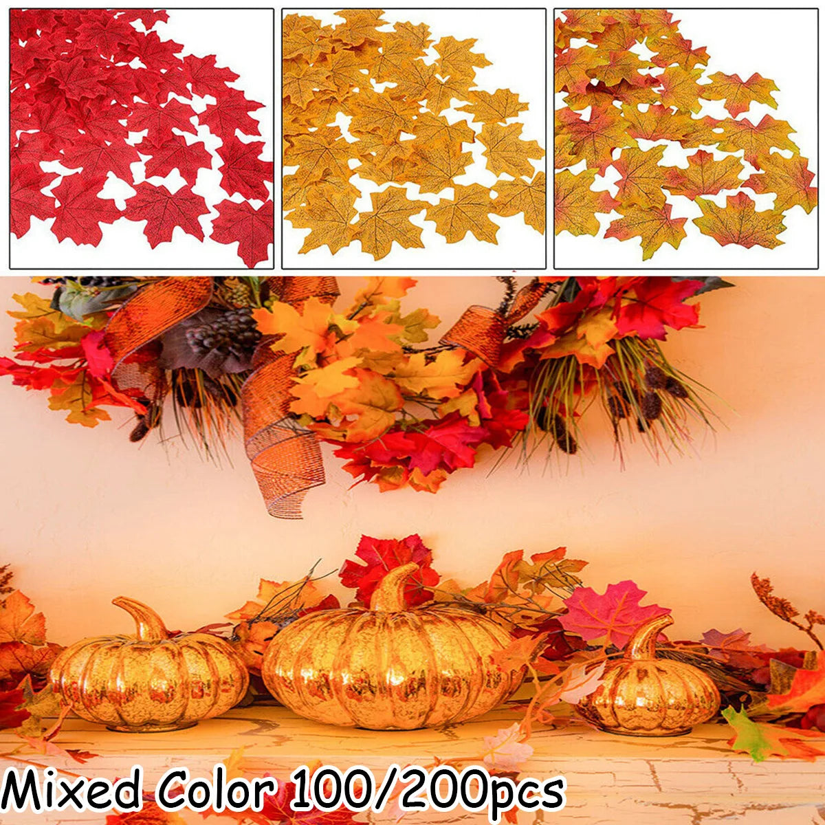 Artificial Maple Leaves, Decoration, Thanksgiving, Halloween, Fall, 100 or 200 Pieces 