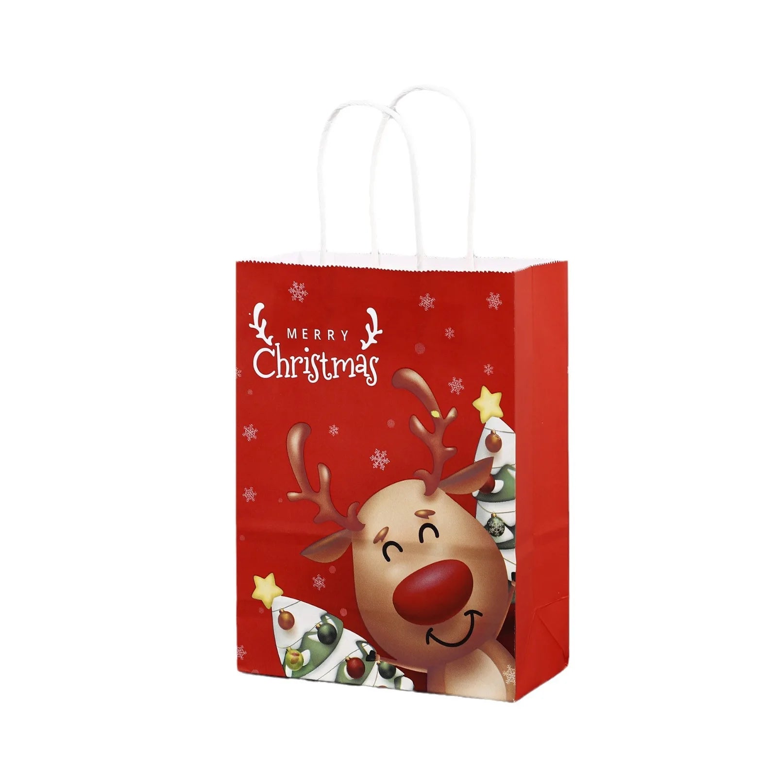Sacs cadeaux de Noël en papier kraft rouge avec poignée – Motifs flocon, élan et Père Noël, lot de 8 ou 16 pièces, décoration festive