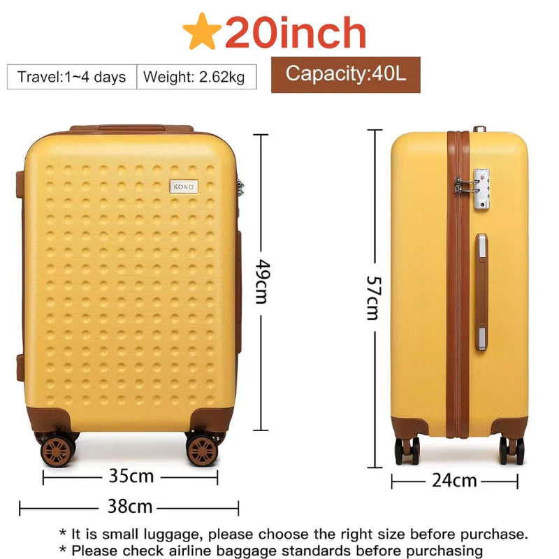 KONO Étui rigide 100% ABS, valise à roulettes 8 roues spinner, serrure TSA pour bagage à main et voyage