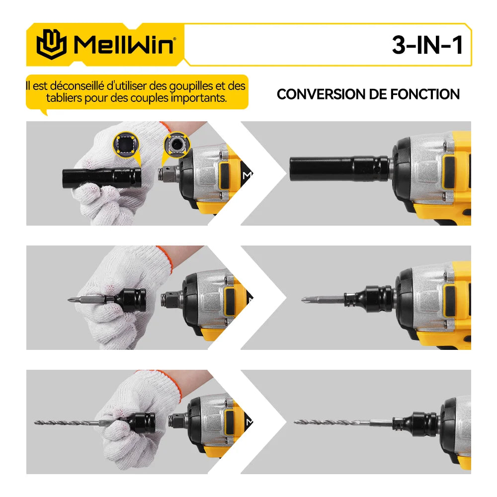 MELLWIN 520N.M clé électrique sans brosse 3-en-1 clé à chocs sans fil tournevis électrique perceuse pour Makita 18V batterie broche
