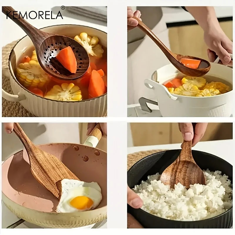 Thailand Teak Cooking Spoon Natural Wood Kitchen Utensils Cooking Tool Ladle Turner Rice Strainer Soup Skimmer 5pcs