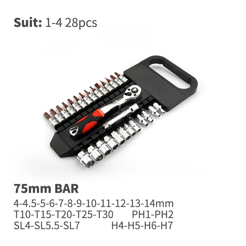 Quick Release Reversible Ratchet Wrench Set Tools with Hanging Bracket 1/4", 3/8", 1/2", 6.35mm, 10mm, 12.5mm