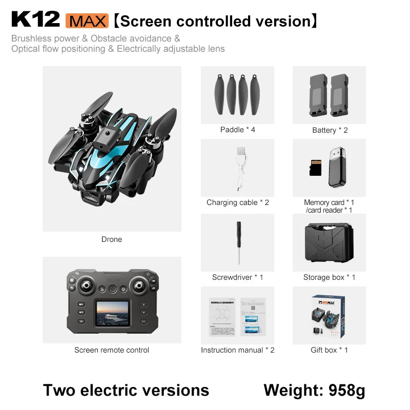 Drone à moteur sans balais K12 Max – Écran version solitaire, caméra HD 4K, évitement d'obstacles, quadrirotor pliable, jouet RC
