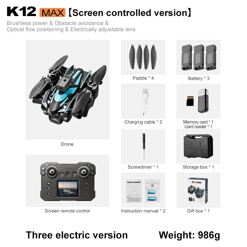 Drone à moteur sans balais K12 Max – Écran version solitaire, caméra HD 4K, évitement d'obstacles, quadrirotor pliable, jouet RC