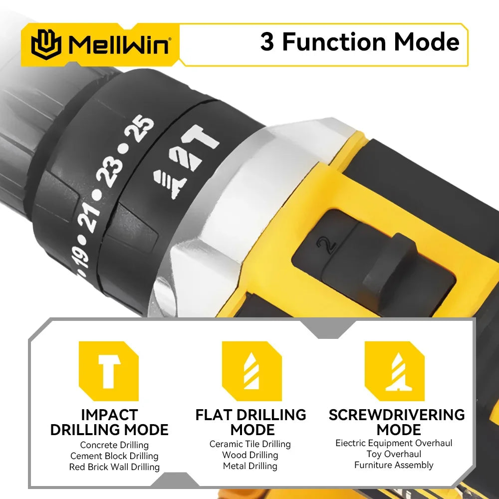 Perceuse à Percussion Sans Fil MELLWIN 25+3 Couple, 2 Vitesses Réglables, Tournevis Électrique – Compatible Batterie 18V Makita