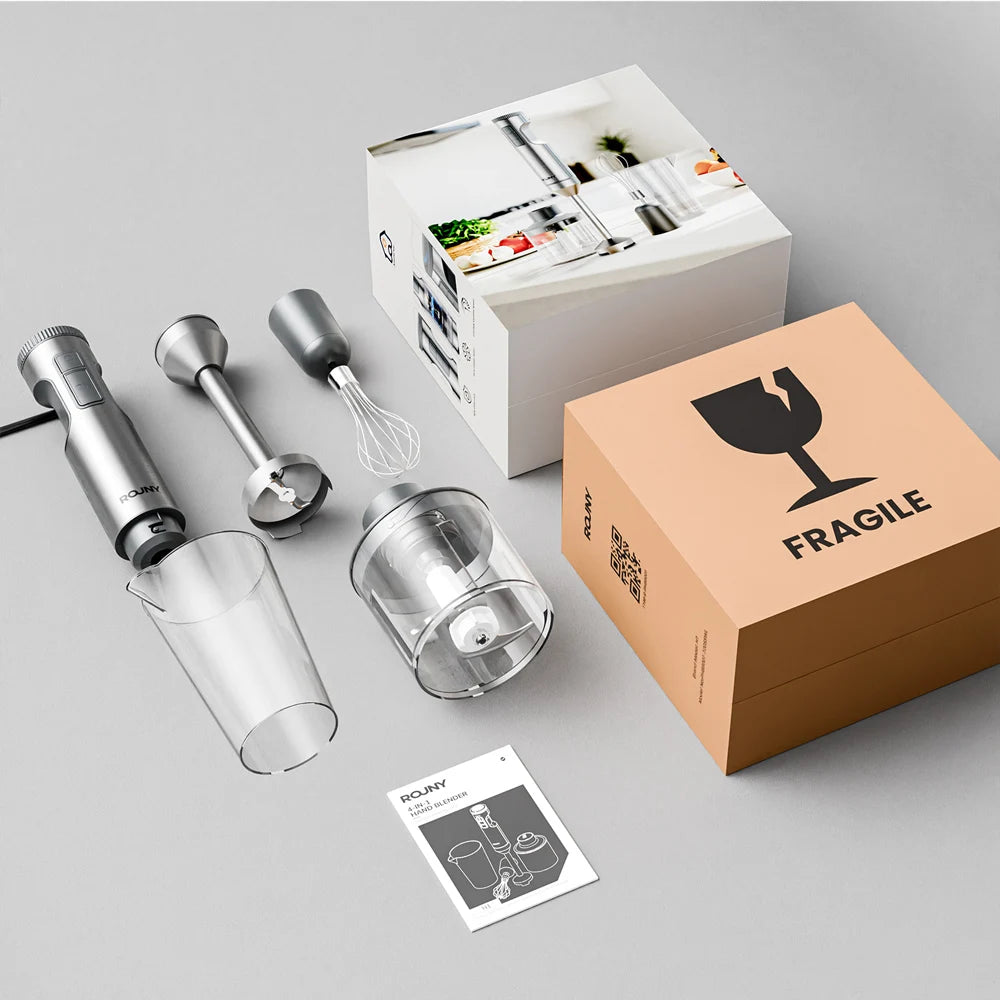 Mixeur Mélangeur à Immersion Manuel Puissant 4 en 1 – Acier Inoxydable 304, Bécher 700 ml, Processeur 500 ml, Fouet – Marque ROUNY
