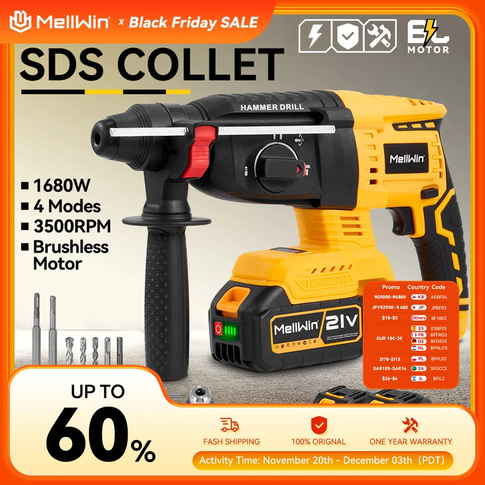 Perceuse à percussion électrique sans fil MELLWIN – 26 mm, moteur sans balais, marteau rotatif pour broche de batterie18 V