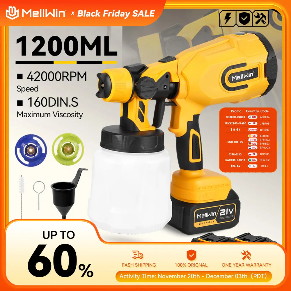 MELLWIN 1200ML pistolet de pulvérisation de peinture électrique sans fil pulvérisateur de peinture domestique pulvérisateur de meubles de voiture pour Makita 18V batterie broche