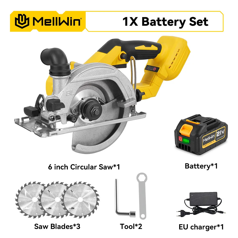 Scie circulaire électrique sans balais MELLWIN 6 pouces (150 mm) – scie portative sans fil pour bois et matériaux divers, compatible batterie Makita 18 V / 21 V