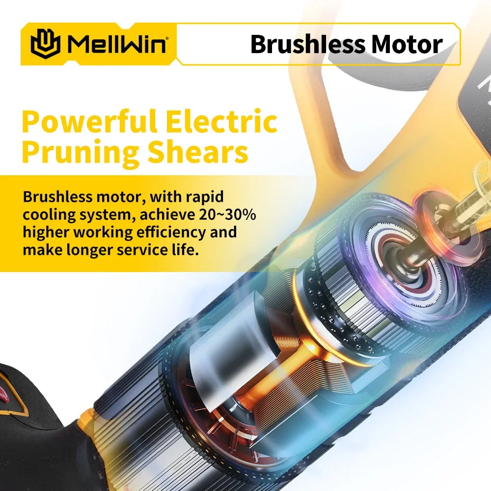 Sécateur électrique sans balais 30 mm MELLWIN – cisaille sans fil 2 vitesses pour arbres fruitiers et bonsaïs compatible 18 V