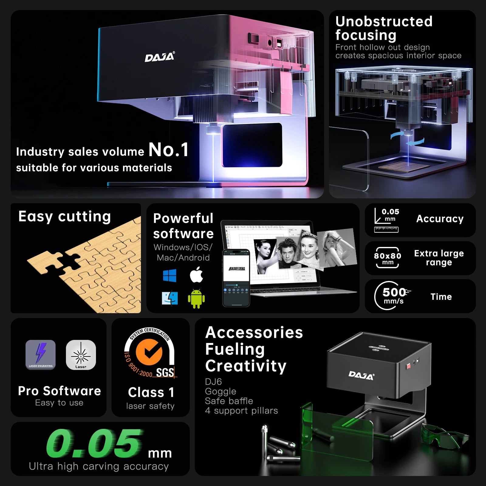 Graveur Laser DAAlban CNC DIY DJ6 Machine de gravure, 3000mw, Rapide, Mini Logo Mark, Imprimante, Cutter, Calcul, Travail du bois, Plastique