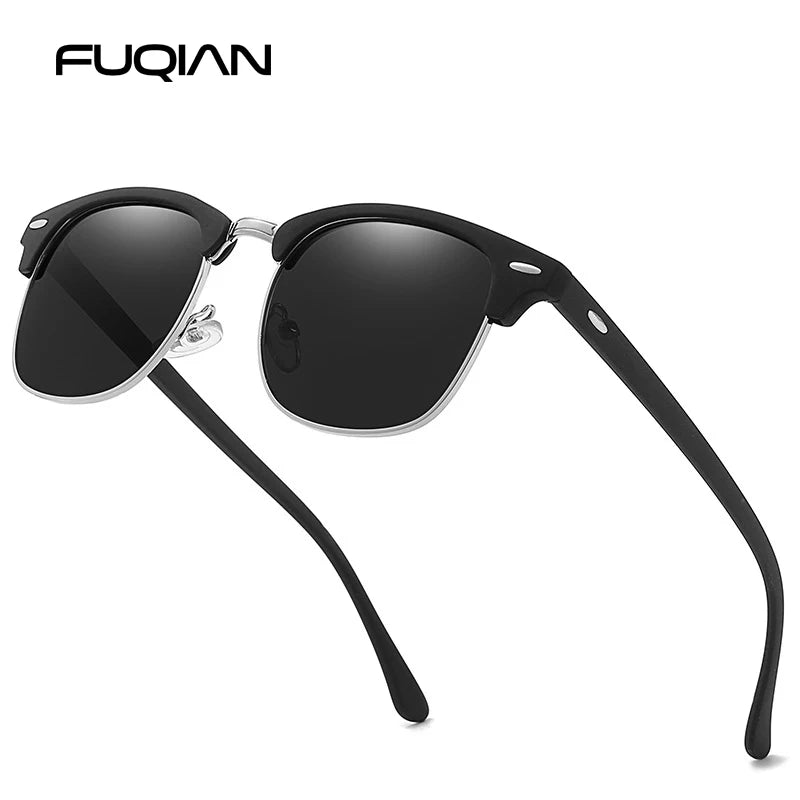 Classic Half Frame Polarized Sunglasses for Men Women, Small Retro Rivet Sunglasses