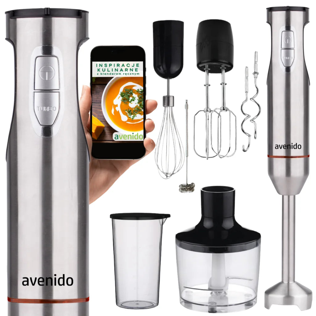 Mixeur Plongeant Multifonction 6-en-1 Avenido – 1800 W, 21 Vitesses, Mode Turbo, Hachoir 860 ml, Lames Titane