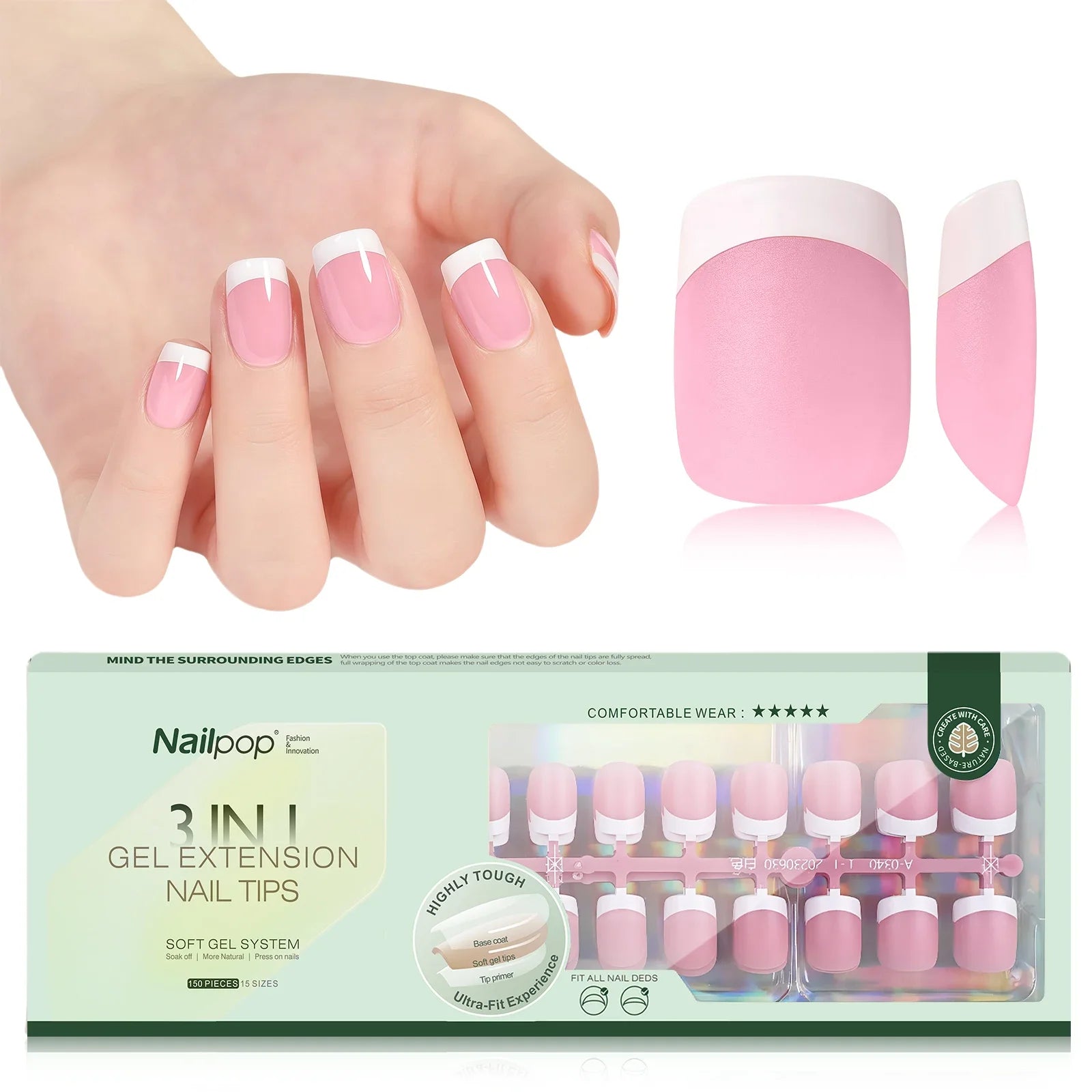 Extensions d’Ongles à Pointe Française Pré-Colorées - Nailpop 3 en 1&nbsp;