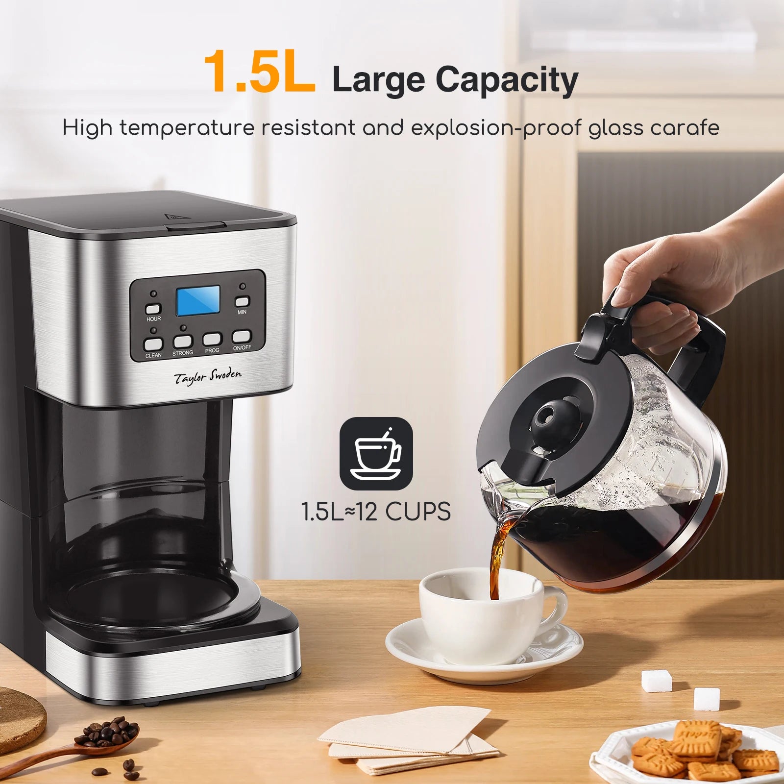 Cafetière filtre 1,5 L 12 tasses avec filtre réutilisable, minuterie et base de maintien au chaud 950W&nbsp;