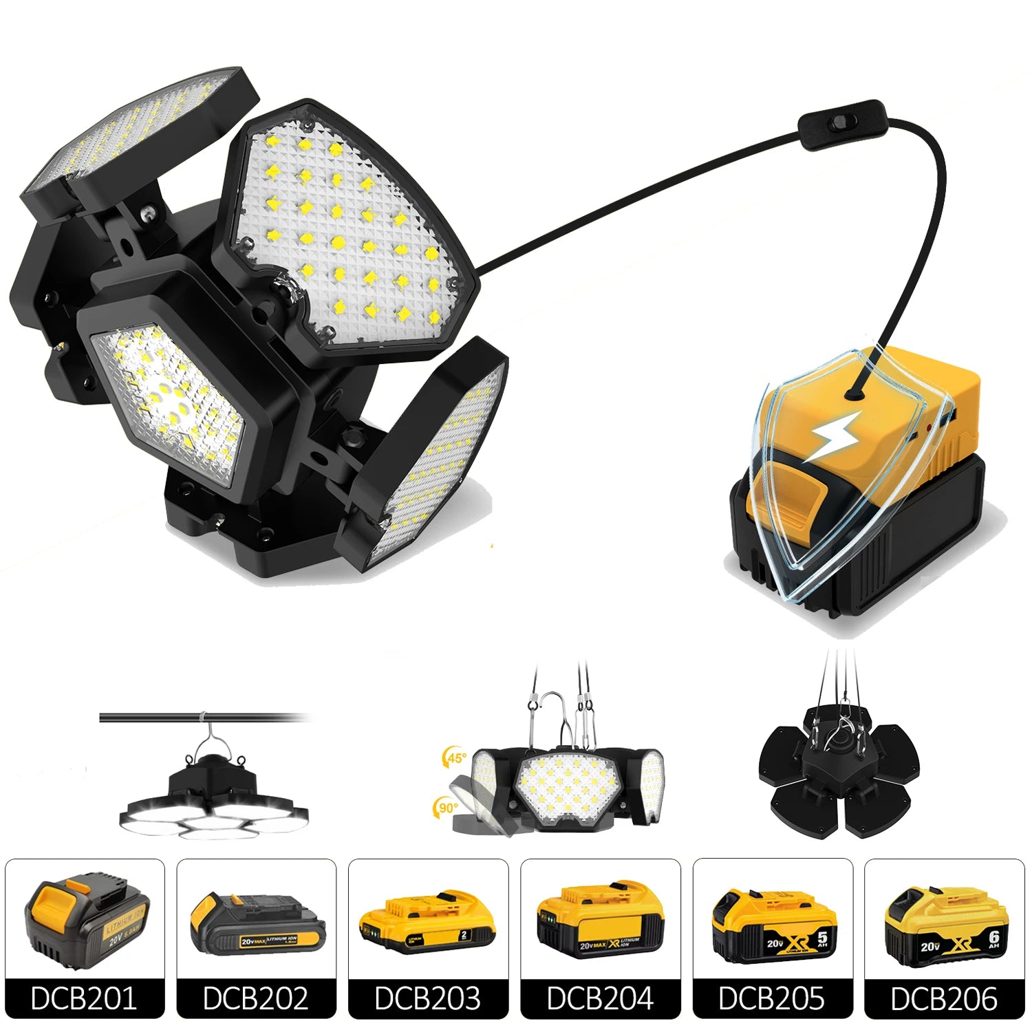 T-SUNRISE LED-Hängeleuchte – Kompatibel mit Dewalt 15-20V, 166 SMD2835 LEDs, verstellbarer Winkel, tragbare Garage- und Hallenbeleuchtung