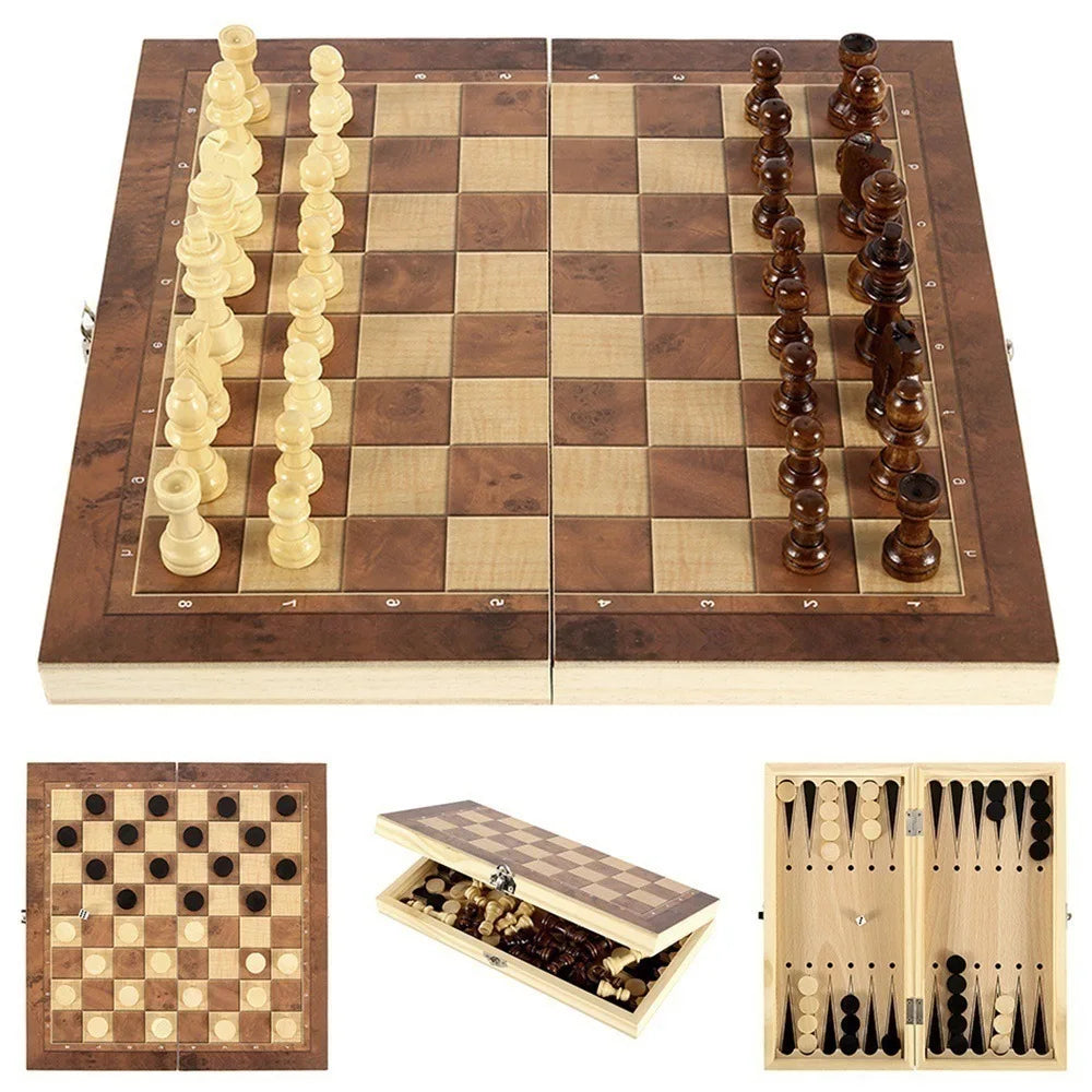 New Arrival 3 in 1 Wooden International Chess Set Foldable Chessboard Brain Training Toy Premium Pieces 