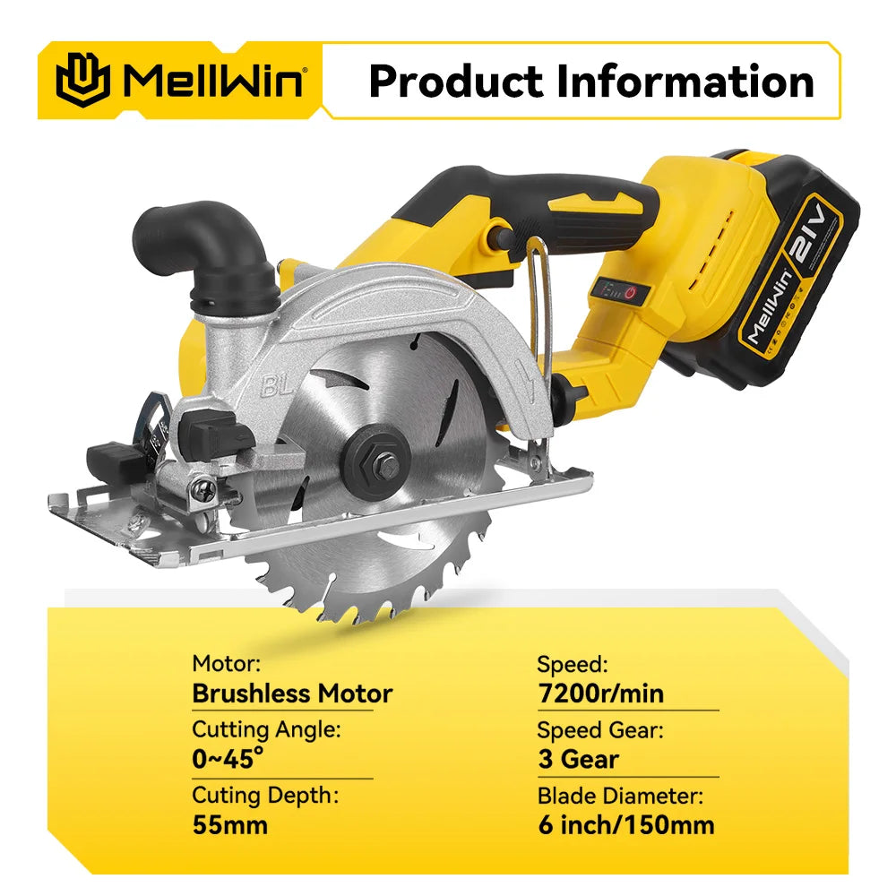 MELLWIN scie circulaire électrique sans brosse de 6 pouces 150MM scie circulaire portative sans fil outil de travail du bois pour Makita broche de batterie 18V