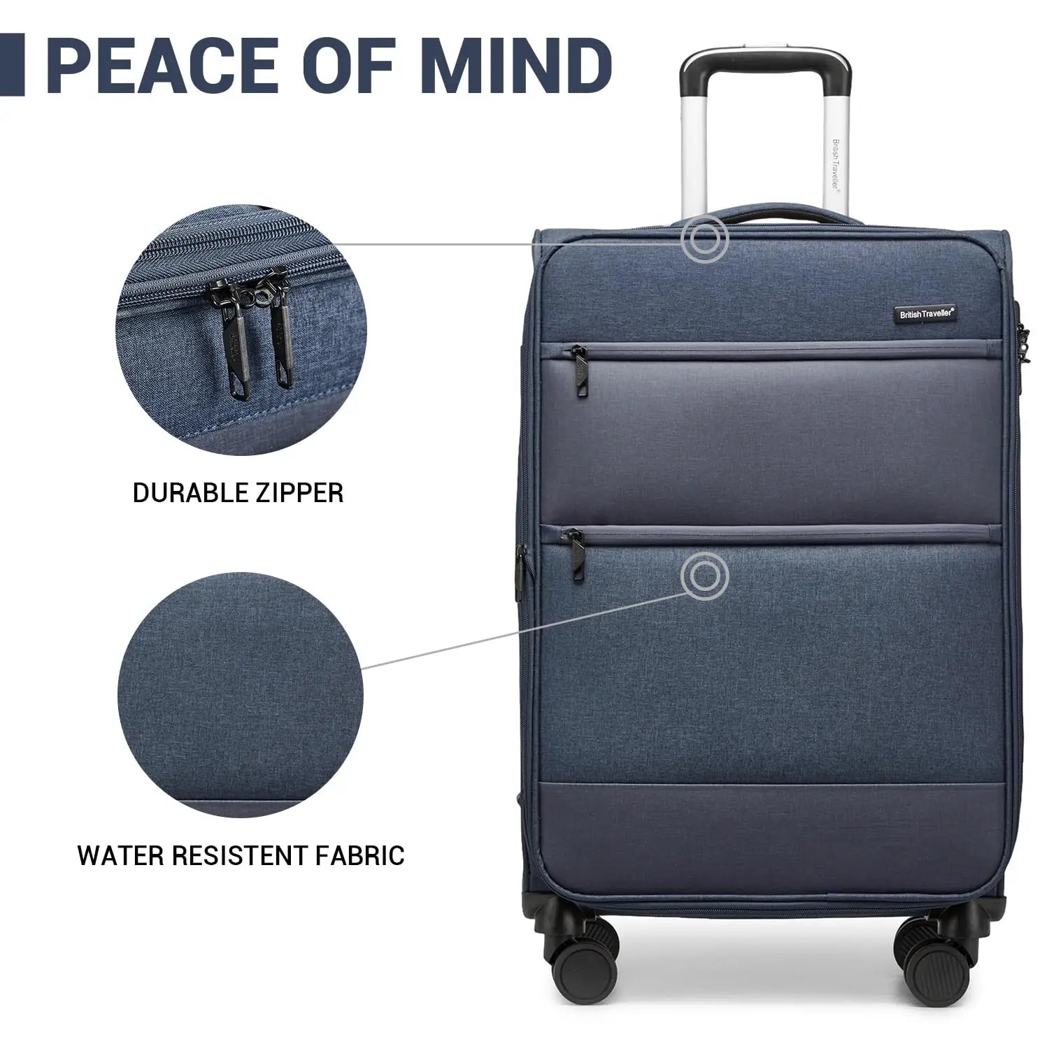 British Traveller – Valise souple légère à 4 roues avec serrure TSA, taille M, bleu