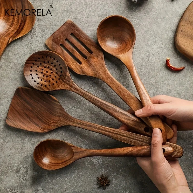 Thailand Teak Cooking Spoon Natural Wood Kitchen Utensils Cooking Tool Ladle Turner Rice Strainer Soup Skimmer 5pcs