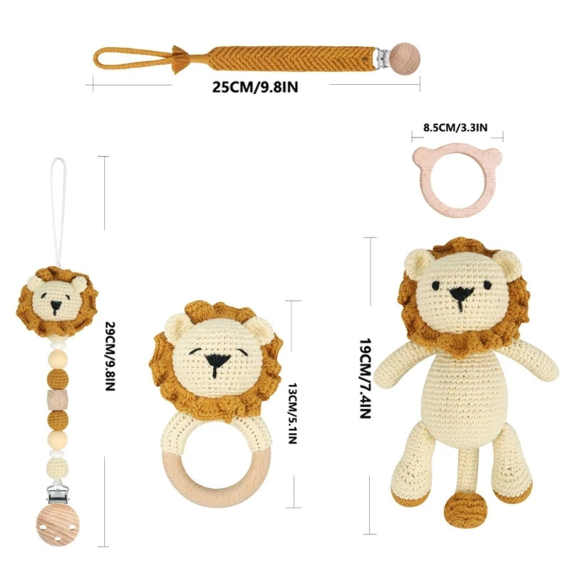 1-4pcs Newborn Baby Wooden Teether Toy Lion Shape Handmade Stuffed Animal Rattle Pacifier Clips