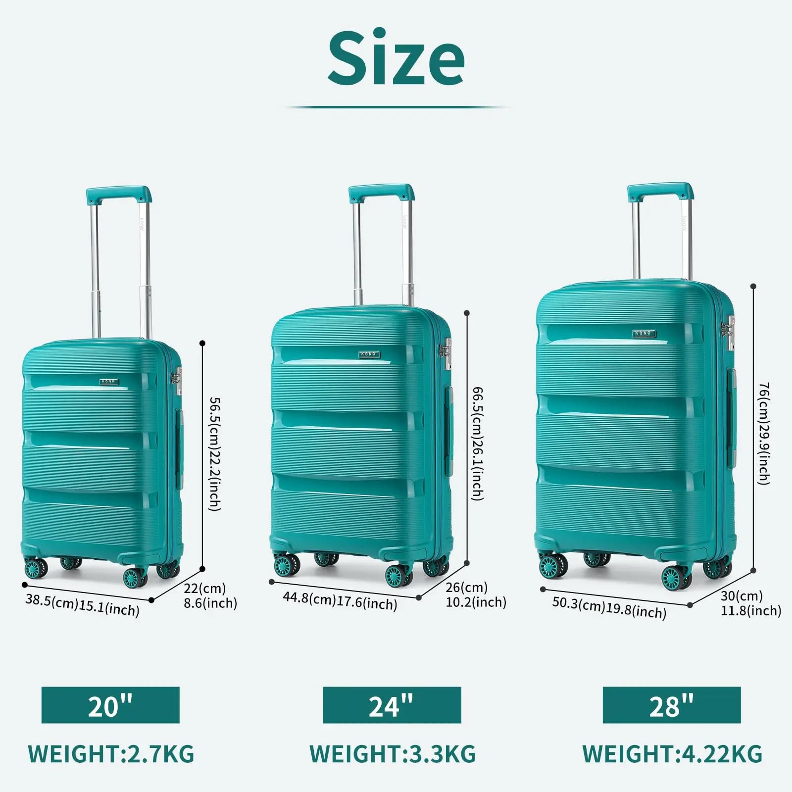 Ensemble de bagages rigides PP KONO 3 pièces – léger, 4 roues jumelles, serrure TSA, valises S-M-L