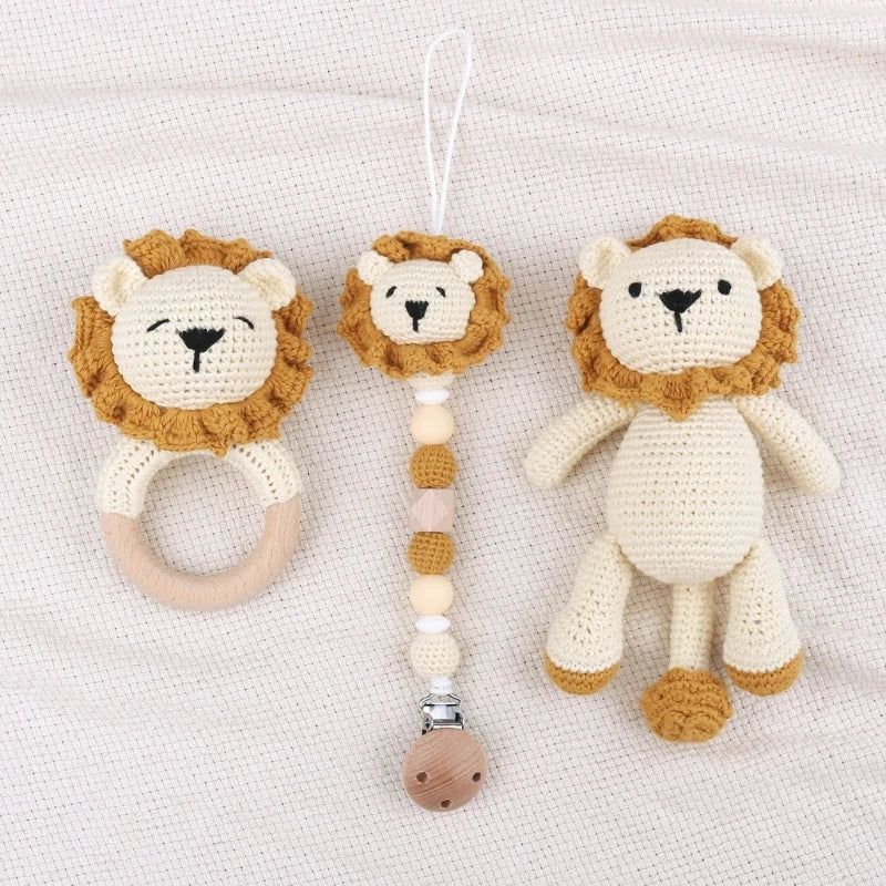 1-4pcs Newborn Baby Wooden Teether Toy Lion Shape Handmade Stuffed Animal Rattle Pacifier Clips