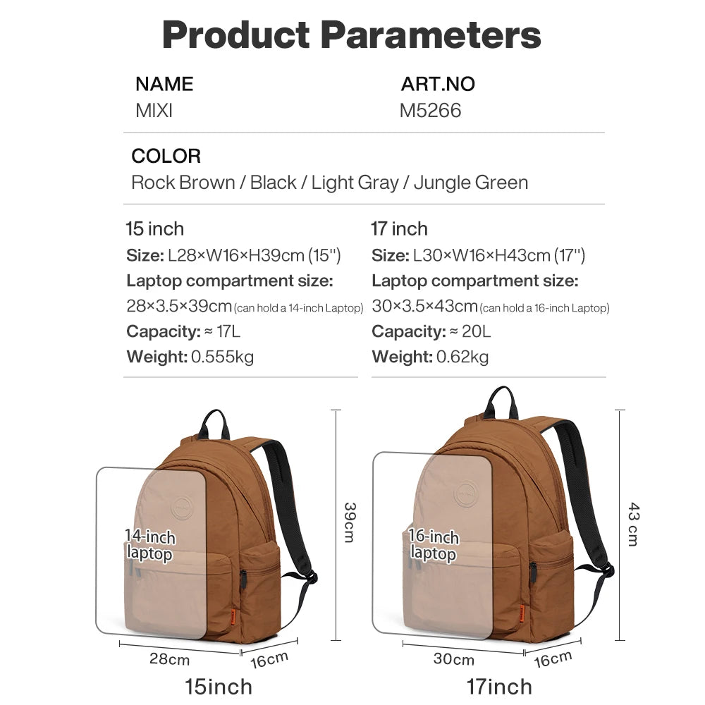 Sac à dos Mixi léger d’extérieur – Décontracté, pour ordinateur portable, 15" / 17"