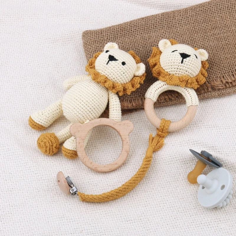 1-4pcs Newborn Baby Wooden Teether Toy Lion Shape Handmade Stuffed Animal Rattle Pacifier Clips