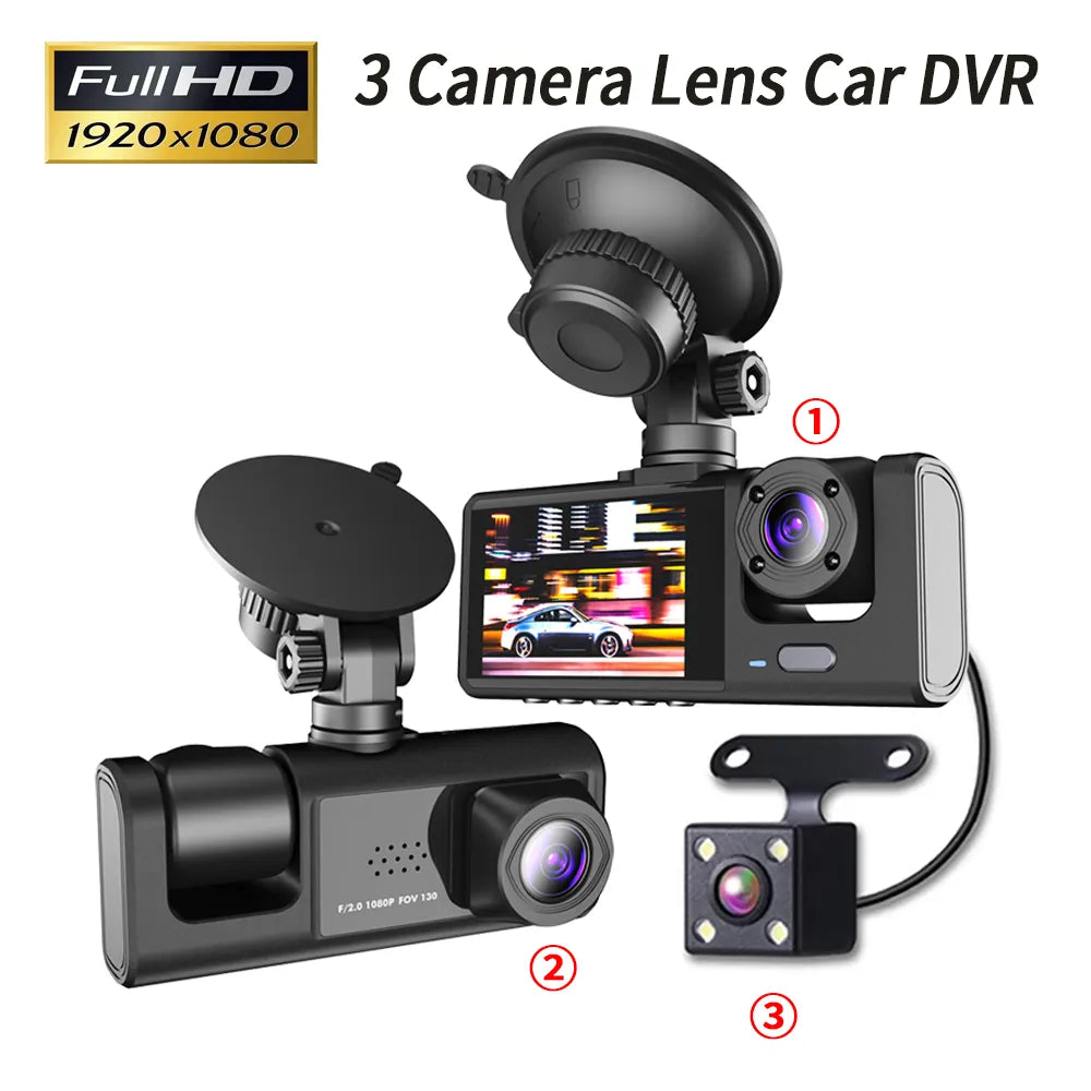 Caméra Dashcam à trois voies pour tableau de bord de voiture, enregistreur vidéo DVR à 3 canaux HD 1080P, 3 objectifs