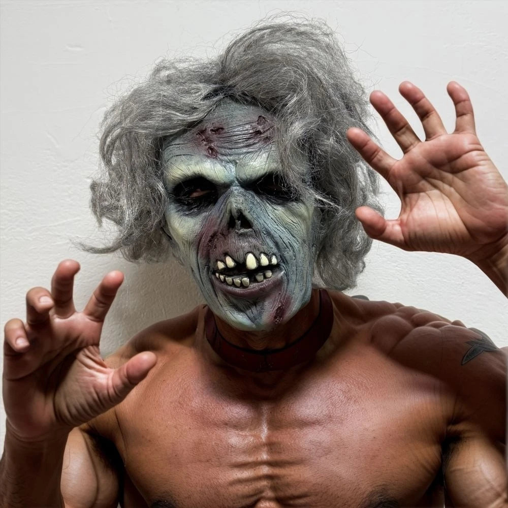 Masque Zombie Dead Man en caoutchouc pour cheveux gris pour adultes, avec morsure de sang, cicatrice d'halloween, accessoire de Costume détaillé pour mauvaises dents