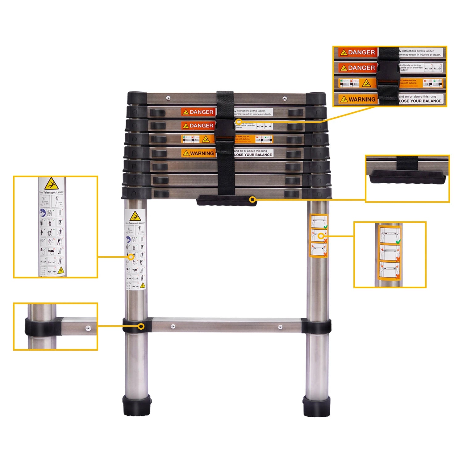 Multi-Purpose Steel Extendable Telescopic Ladder, Coordinating Legs, EN131, Heavy Duty, Folding, Loft, Attic Roof, 2.6m-5m