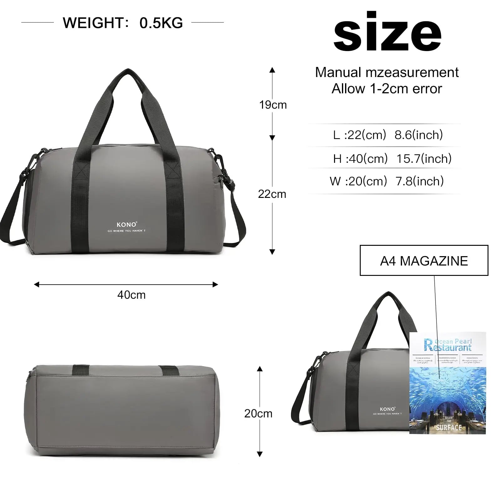 Kono – Sac à main étanche avec bandoulière et sac à chaussures, idéal pour les voyages en avion, Ryanair et EasyJet, 40 × 20 × 25 cm