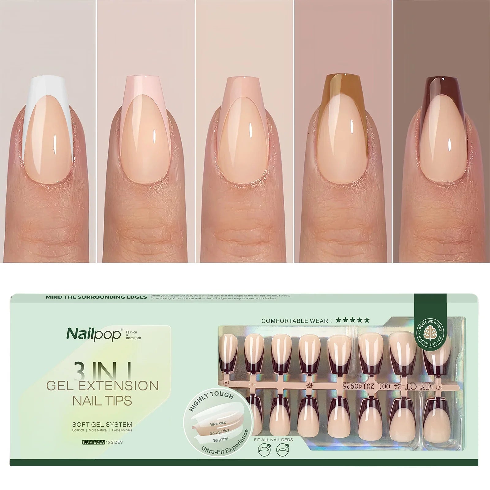 Pointes d’Ongles en Gel Français Pré-Colorées - Nailpop 150 pièces