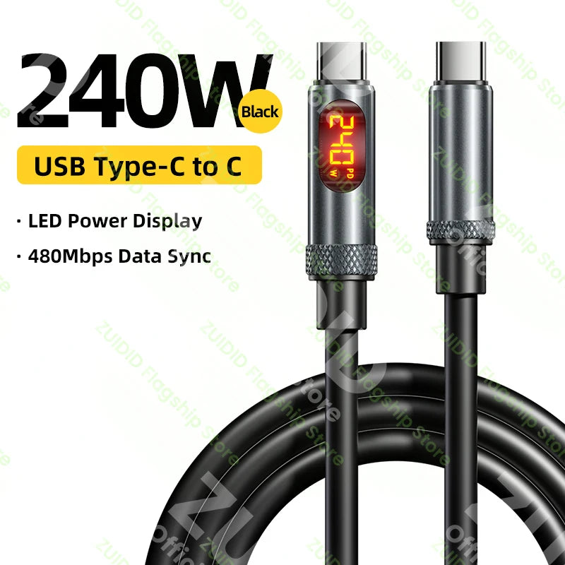 PD240W USB-C-zu-USB-C-LED-Displaykabel für iPhone 15/16 Pro, 5A Schnellladekabel Typ-C für MacBook Pro, Xiaomi, Samsung, 2 m 