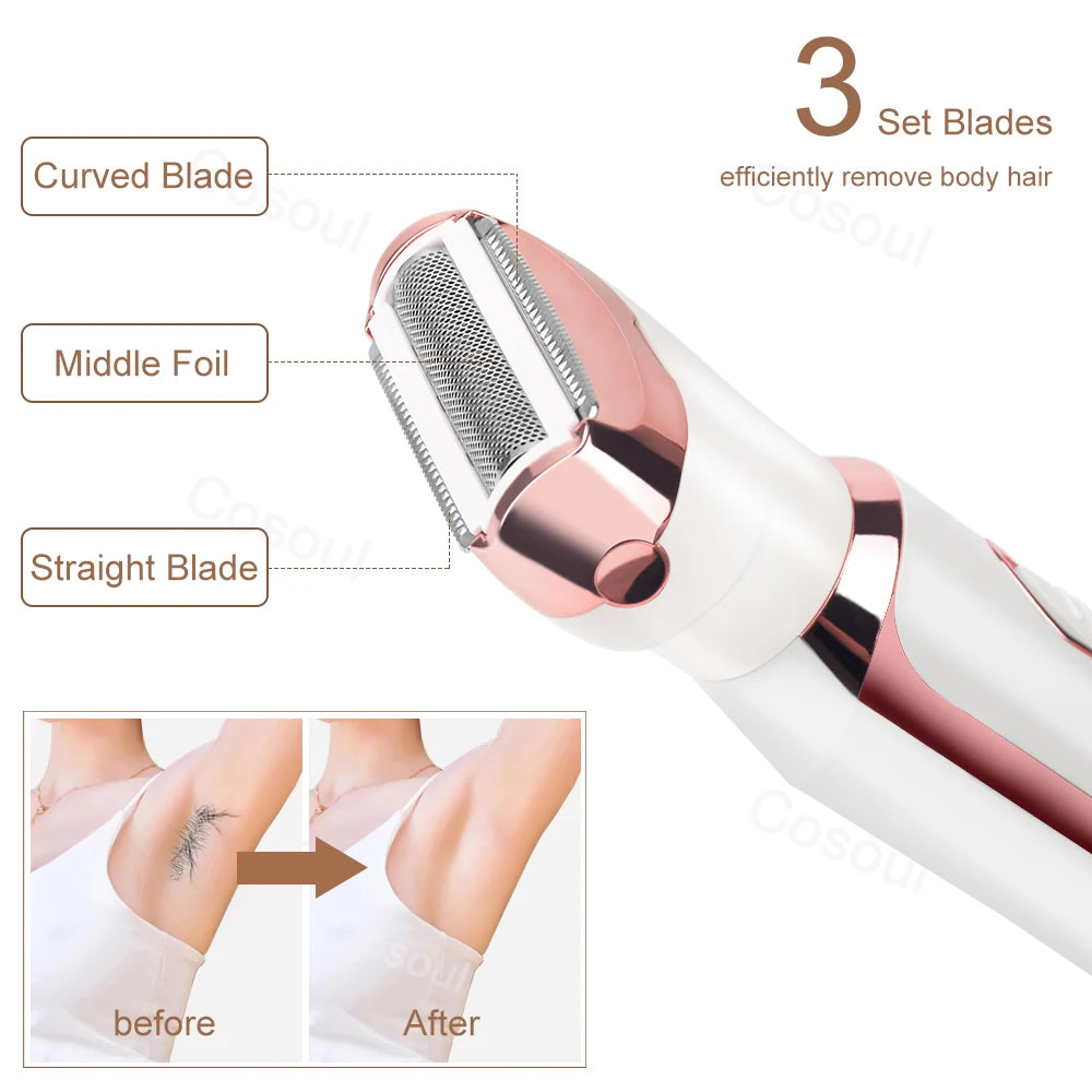 Rasoir électrique pour femme, pour le visage, les aisselles, le bikini, les jambes, le rasoir portable indolore 4 en 1 rechargeable sans fil pour le corps