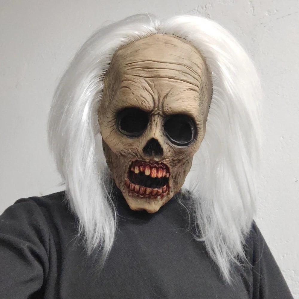 Masque de tête de Zombie effrayant, masque de Vampire pour adultes, cheveux blancs, Costume effrayant, accessoires de décoration fantôme d'horreur d'halloween en Latex