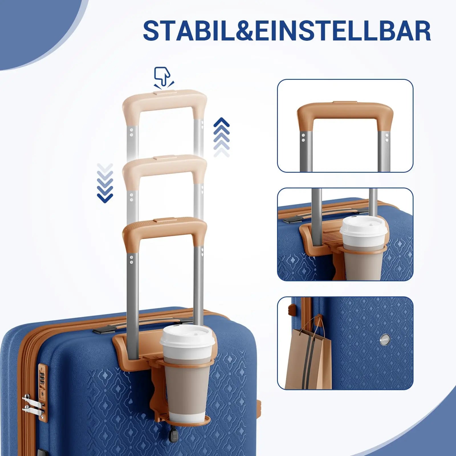 KONO Étui rigide en polypropylène avec porte-gobelet, extensible, léger et robuste, boîtier de chariot à verrouillage TSA à 4 roues