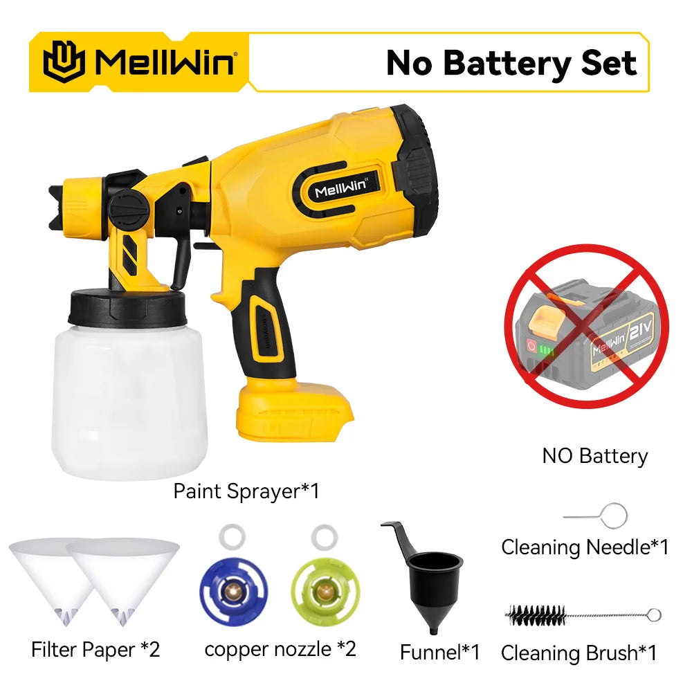 Pulvérisateur de peinture électrique sans fil MELLWIN 1200 ml – pistolet HVLP pour peinture domestique et pulvérisation de pesticides, compatible batterie Makita 18 V / 21 V
