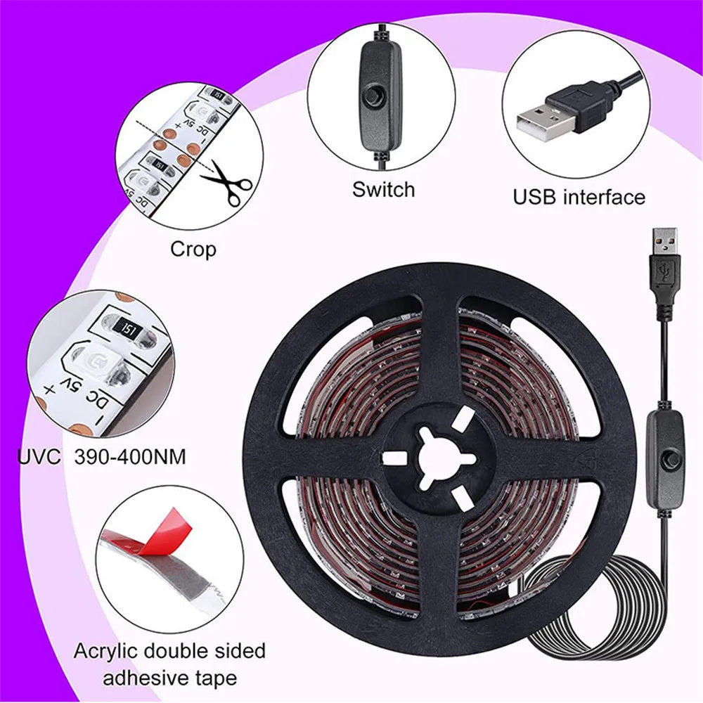 5V UV-LED-Streifen 395-405nm – 0,5M bis 5M, 60LED/m SMD2835, fluoreszierendes violettes USB-Licht mit Schalter