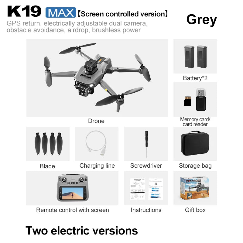 2025 K19Max GPS Retour Drone 5G – 8K HD Double Caméra, Écran Omnidirectionnel, Évitement d’Obstacles, Drone RC